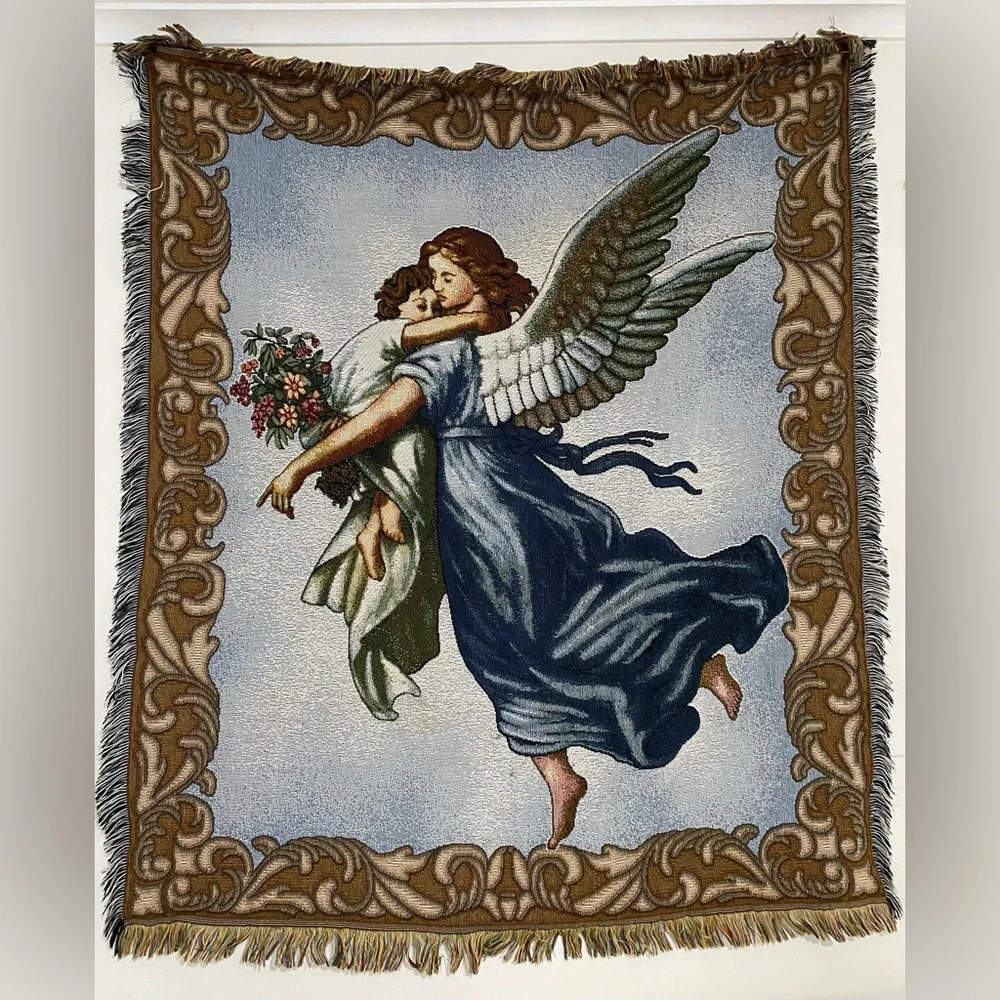 Vintage The Guardian Angel American Weavers Throw Tapestry Blanket *RARE*
